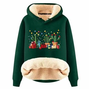Sudaderas Navideñas Gruesas para Mujer 2025, Sudadera con Capucha y Estampado de Cactus, Forro Polar, Manga Larga - Product Image 1