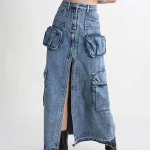 กระโปรงยาวผ้ายีนส์ผ่าหน้าด้านข้างสไตล์ลำลองแบบมีสไตล์ประจำฤดูกาลแฟชั่นสุดชิคไม่สมมาตร - Product Image 1