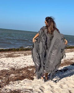 Maxi Cover Boho Beach Kimono Wrap V-Neck Striped Plaid Pattern Kaftan Outfit Frayed Beach Dress with Letter Design Cover Dress - Product Image 2