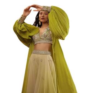 Agrumato verde Palazzo Set con mantello e ricami all'ingrosso donna abbigliamento etnico OEM abbigliamento fabbrica Custom Party Outfit - Product Image 3