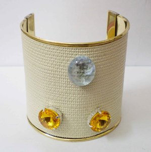 Luxury <b>Gold</b> Plated Copper Cuff <b>Bangle</b> With Elegant Textured Surface And Round Citrine Yellow Plus Clear Crystal Metal Craft - Product Image 4
