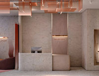 Aménagement intérieur de magasin de bijoux de luxe moderne sur mesure, vitrine à bijoux en travertin et or rose, aménagement commercial pour boutique de détail