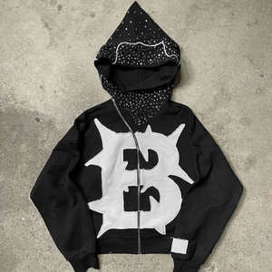 Pull personnalisé surdimensionné en détresse brodé Applique Patch travail sweats à capuche broderie coupe incurvée ourlet brut sweat à capuche recadrée hommes - Product Image 3