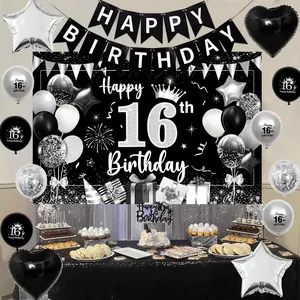 Joyeux <span class=keywords><strong>anniversaire</strong></span> bannière gâteau Topper 16 ballons en aluminium noir et argent 16e <span class=keywords><strong>anniversaire</strong></span> décorations pour garçons filles - Product Image 4
