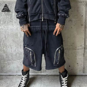 New Custom High Quality Streetwear Vintage Patch Sun Faded Distressed Double Waist Elastic Waist Baggy 100% Cotton <b>Sweat</b> <b>Shorts</b> - Product Image 2