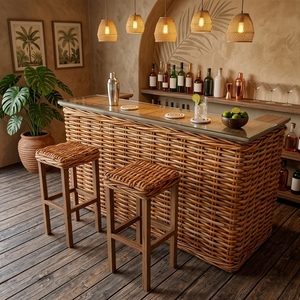 Wholesale Natural Grey Rattan Wicker Wood <b>Bar</b> Counter <b>Table</b> Tempered Glass Top Traditional Design for Commercial Hotel - Product Image 5