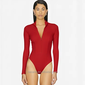 ملابس السباحة النسائية الأوروبية الأمريكية-الأمريكية من قماش النايلون بأكمام طويلة ملابس السباحة النسائية الأنيقة ذات البذلات الصلبة ذات الشعار الخاص مصنع ملابس الشاطئ - Product Image 2