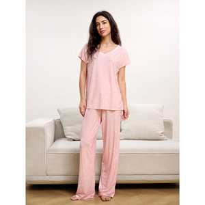 Ensemble de pyjama personnalisé haut de gamme pour la maison, en tissu tricoté en bambou premium, motif géométrique et dessin animé, taille élastique avec nœud, pour vêtements d'intérieur - Product Image 6