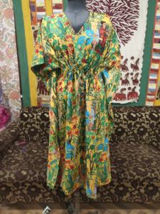 <b>Yellow</b> Floral Print Cotton Kaftan <b>Dress</b> Comfortable Long Maxi Nightwear Block Print Indian Style for Plus Size <b>Maternity</b> Natural - Product Image 5