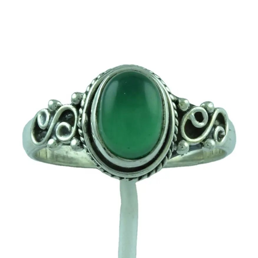 Piedra de forma ovalada de ónix verde para mujer, joyería de diseño clásico Popular, anillo de Plata de Ley 925, anillo de piedras preciosas verdes de plata brillante