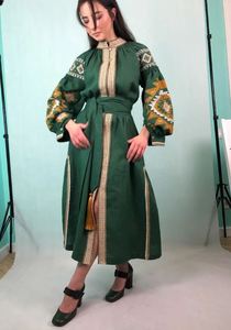 ชุดเดรสยาวคอตั้งแขนยาวสีเขียว, เดรสยูเครนทรงหลวมปักลายดอกไม้เดรสชายหาดลำลองสไตล์โบฮีเมียนสำหรับผู้หญิงใส่ในฤดูใบไม้ผลิฤดูใบไม้ร่วง - Product Image 2