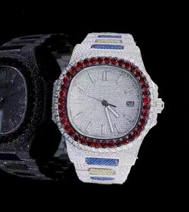 Reloj de lujo de cuarzo analógico de lujo personalizado rojo azul blanco Moissanite hecho a mano banda de acero inoxidable reloj helado para hombres y mujeres - Product Image 1