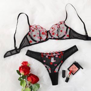 SFY3139 Conjunto de lencería con bordado de corazón de encaje de malla negra Sexy para mujer Sujetador de alambre de realce + Panty Ropa interior erógena para mujer - Product Image 2
