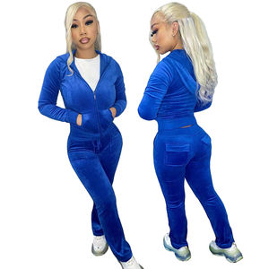 Conjunto de dos piezas de terciopelo para mujer de otoño, chándal para mujer, chaqueta con cremallera, Top corto, pantalones de pierna ancha, pantalones de chándal, Sudadera con capucha de terciopelo para mujer - Product Image 3