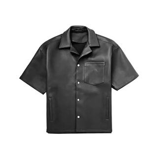 High Quality Custom Applique Embroidery Loose Fit Short Sleeve Button up <b>T</b> <b>Shirt</b> <b>Vegan</b> Leather Short Sleeves <b>T</b> <b>Shirt</b> for Men's - Product Image 2