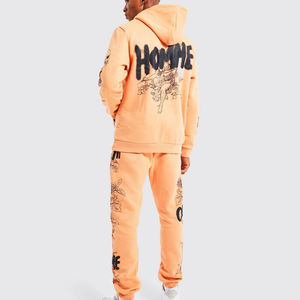 ชุดวอร์มสองชิ้นแบบสวมหัวสำหรับผู้ชายชุดวอร์มแบบสวมหัวพิมพ์โลโก้พัฟแบบเรียงซ้อนกางเกงทรงบานมีฮู้ดชุดวอร์มขายดี - Product Image 6