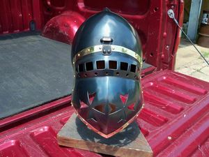 Sallet หมวกกันน็อคเยอรมันยุคกลาง,18เกจพร้อมหนัง Liner18GA เหล็กและทองเหลืองหมวกกันน็อค Bascinet หมูหมวกกันน็อค Klappvisor - Product Image 6