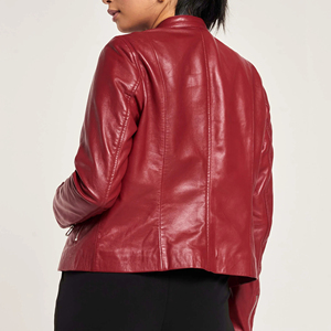 Chaqueta de Motociclista de Piel de Oveja Roja Vino para Mujer, Personalizada al por Mayor, Transpirable, de Lona Tejida, con Cuello de Solapa y Cierre a Presión, Corte Ajustado - Product Image 2