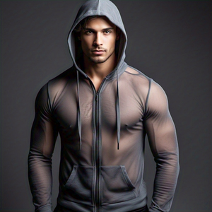 เสื้อมีฮู้ดตาข่ายมีซิปของผู้ชายเสื้อออกกำลังกายแบบลำลองผ้าบางมีฮู้ดผ้าโพลีเอสเตอร์โปร่งแสงเซ็กซี่มีซิปรูดซิปขึ้นสำหรับผู้ชาย100% - Product Image 4