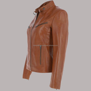 Vestes pour femmes en cuir d'agneau doux de couleur camel et violet, style rétro, coupe ajustée, boutique en ligne - Product Image 5