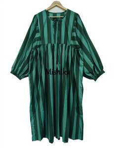 เดรสลายทางสีเขียวคิราแบบมิดิ  ผ้าฝ้ายพิมพ์ลายบล็อกด้วยมือ สไตล์โบฮีเมียน แฟชั่นสำหรับผู้หญิง - Product Image 5