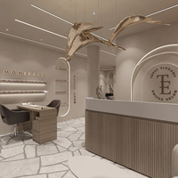 Organik Modern Unisex Salon Mobilyaları Bordo Koltuk Kavisli LED Niş Duvarlı Saç Yıkama İstasyonu Lüks Saç Güzellik Stüdyosu için