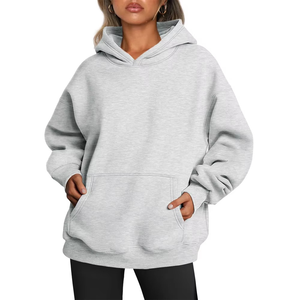 Femmes couleur unie à manches longues sport pull à capuche capuche surdimensionné grande poche Logo personnalisé lavage à l'acide Technique Badge avant - Product Image 1