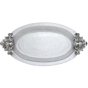 Fantaisie Unique Designer Rectangle Forme Argent Couleur Brillant Miroir Poli Plateau Avec Plaqué Or Fleurs Feuilles Designer Poignées - Product Image 4