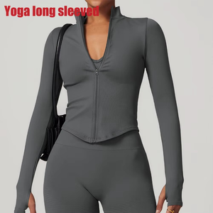 Chaqueta informal de maternidad con cremallera para mujer, Top corto, camisetas de Yoga, camisetas deportivas sólidas de manga larga para correr, gimnasio de Fitness de secado rápido - Product Image 2