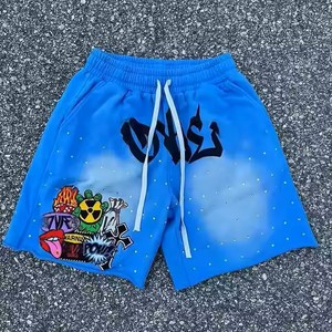 Pantalones cortos de algodón lavado con ácido desteñidos al sol para hombre, pantalones cortos de chándal para entrenamiento físico, cintura elástica, cordón, estampado de soplo - Product Image 4