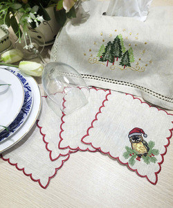 Servilletas de Cóctel Navideñas Bordadas con Diseño de Búho, Personalizadas al por Mayor, con Borde Rojo, de Lino Natural, Reutilizables para Eventos en el Hogar y Bares - Product Image 4