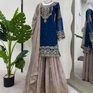 Blue Silk Indian Pakistani Wedding <b>Kurti</b> Sharara Dupatta Kameez Party Wear Dresses Gown <b>Kurti</b> Design Wedding <b>Kurti</b> - Product Image 1