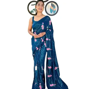 Bébé rose couleur nouvelle belle impression lourde Georgette séquence broderie travail saree avec travail à la main Blouse bas prix Saree