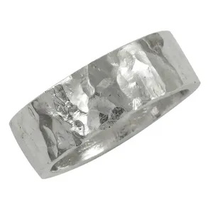 Minimalist 925 <b>Silver</b> Hammered Plain Band Ring Unisex Everyday Wear Jewelry Gold Plated Bezel Setting for Party Occasions - Product Image 3