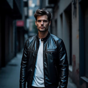 2024 chaquetas de cuero genuino con cremallera de ropa deportiva personalizada para hombres de alta calidad | Chaquetas de cuero de piel de oveja de otoño e invierno para hombres - Product Image 2