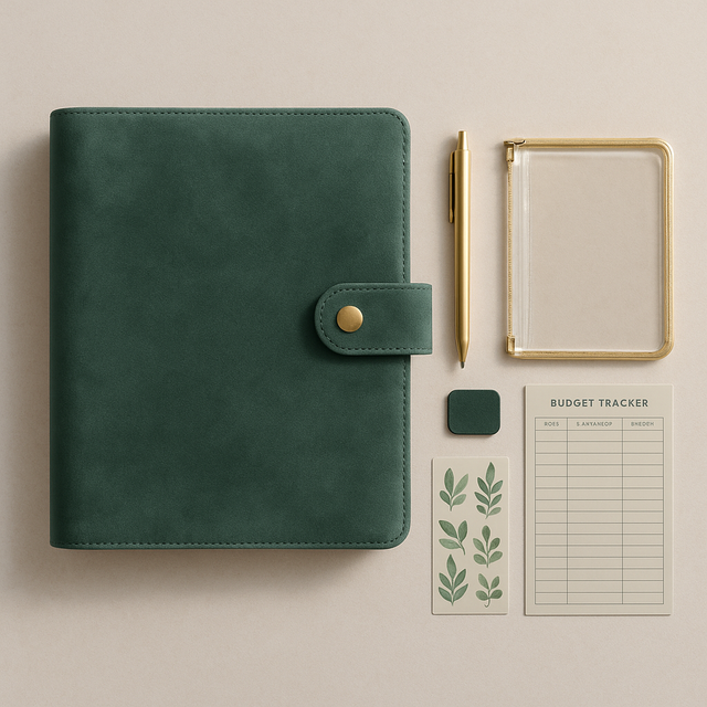 LABON Dark Green PU Leather Gold Button Closure and Zipper Pouch Budget Binder Planner for Expense Tracking Financial Planning