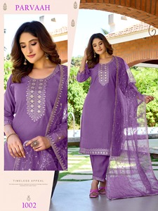 เซ็ตชุดสูท3ชิ้นกางเกง Kurti ผ้าไหมปักลายแบบโรมันหนักสีชมพูดีไซน์ไม่เหมือนใคร - Product Image 5