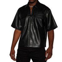 Camisa de Cuero Personalizada para Hombre, Manga Corta, con Cierre, Negra, de Algodón, Antiarrugas, para Fiesta, Club, Noche, con Bolsillos con Solapa en el Pecho, OEM