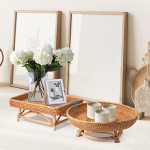 New Collection Unique Rattan <b>Round</b> <b>Trays</b> With Stand Handmade Vintage Decor Style Natural Woven Rattan <b>Trays</b> - Product Image 5