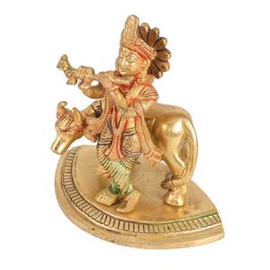 งานฝีมือจากอินเดีย รูปปั้นพระพิฆเนศทองเหลืองเล่นขลุ่ย พร้อมรูปปั้นวัว ของตกแต่งบ้าน ของขวัญ ความสูง : 14.00 ซม. รหัสสินค้า: SNF-796 - Product Image 2