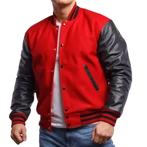 Benutzer definiertes Logo Roter Woll körper & schwarze Leder ärmel Letterman Jacke 80% Wolle und 20% Nylon Strick jacke mit Stehkragen