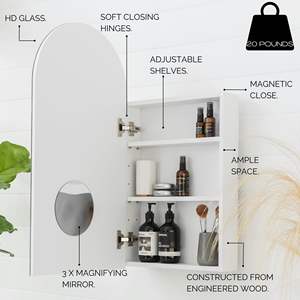 Armoire à pharmacie à miroir rectangulaire arqué illuminé pour salle de bain d'hôtel, montage mural en surface ou application encastrée - Product Image 4