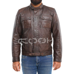 Vintage-Style Dark Brown Genuine Leather Bomber <b>Jacket</b> with Snap-Button Front Closure and Band Collar - Product Image 6