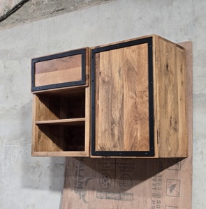 Nexa Solid Mango Wood Half Open Wall Kitchen Cabinet | Modern Industrial Kitchen <b>Storage</b> <b>Unit</b> | Upper Cabinet <b>Black</b> Metal Frame - Product Image 3