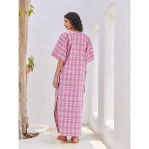 <b>Pink</b> Pineapple Print <b>Kaftan</b> Dress V-Neck Loose Maxi Batwing Sleeve Cover-Up Breathable Woven 100% Polyester 1 Piece - Product Image 2