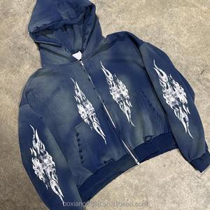 Sudaderas con capucha con cremallera de gran tamaño, ropa informal personalizada recortada con serigrafía Sun Faded Stone Wash, de algodón pesado desgastado - Product Image 4