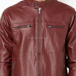 แจ็กเก็ตหนังพอดีตัวสำหรับผู้ชายเบอร์กันดีมีปกตั้งและมีกระเป๋าซิปเหมาะสำหรับเสื้อผ้าลำลองแบบสมาร์ท - Product Image 5