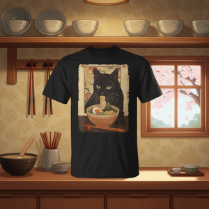 T-Shirt Vintage Kawaii con Gatto che Mangia Ramen, Maglietta Promozionale con Gatti Anime che Mangiano Noodles - Product Image 3
