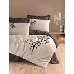 Ensemble de housse de couette double en coton Brode Ranforce de couleur marron Panos - Product Image 1