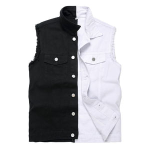 Gilet en jean sans manches pour hommes de la meilleure qualité Gilet en jean à poche poitrine en coton de couleur noire et blanche avec fermeture à bouton-pression - Product Image 1